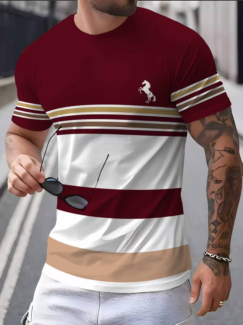 Casual Maroon & White Striped Crew Neck T-Shirt