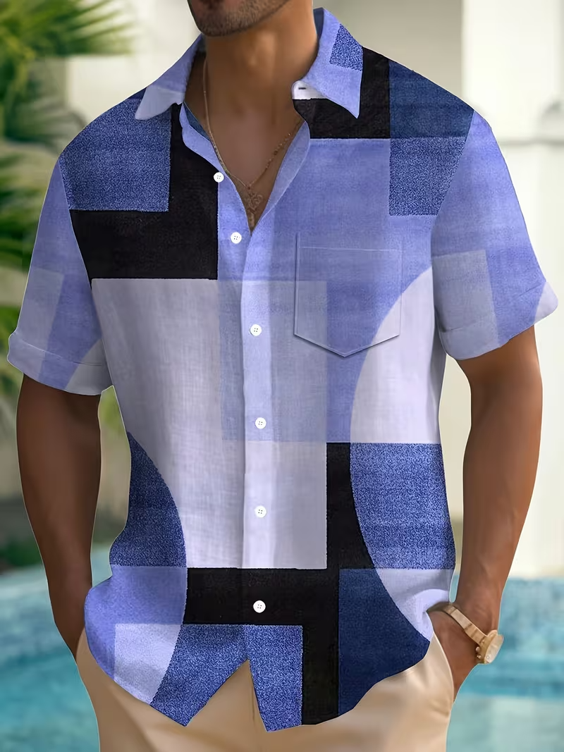 Abstract Geometric Print Short Sleeve Button-Down Shirt