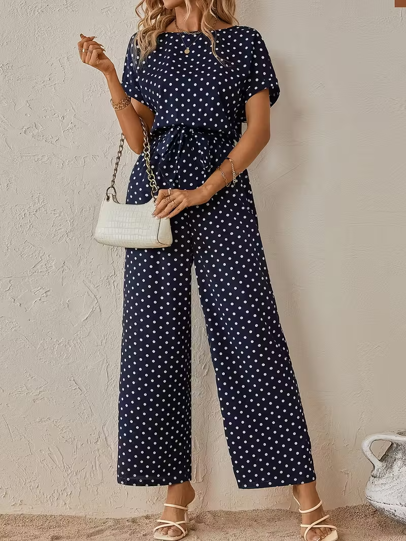Elegant Navy Blue Polka Dot Wide Leg Jumpsuit with Tie Belt