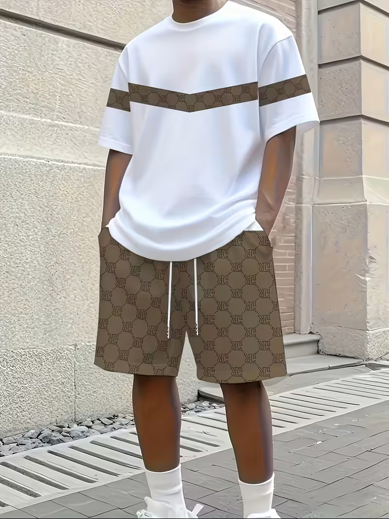 White & Brown Monogram Print T-Shirt and Shorts Co-ord Set