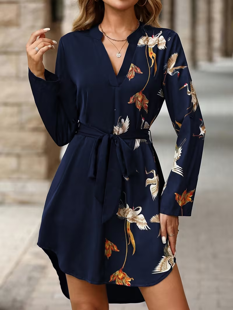 Navy Blue Long-Sleeve Shirt Dress with Crane Floral Print and Tie-Waist
