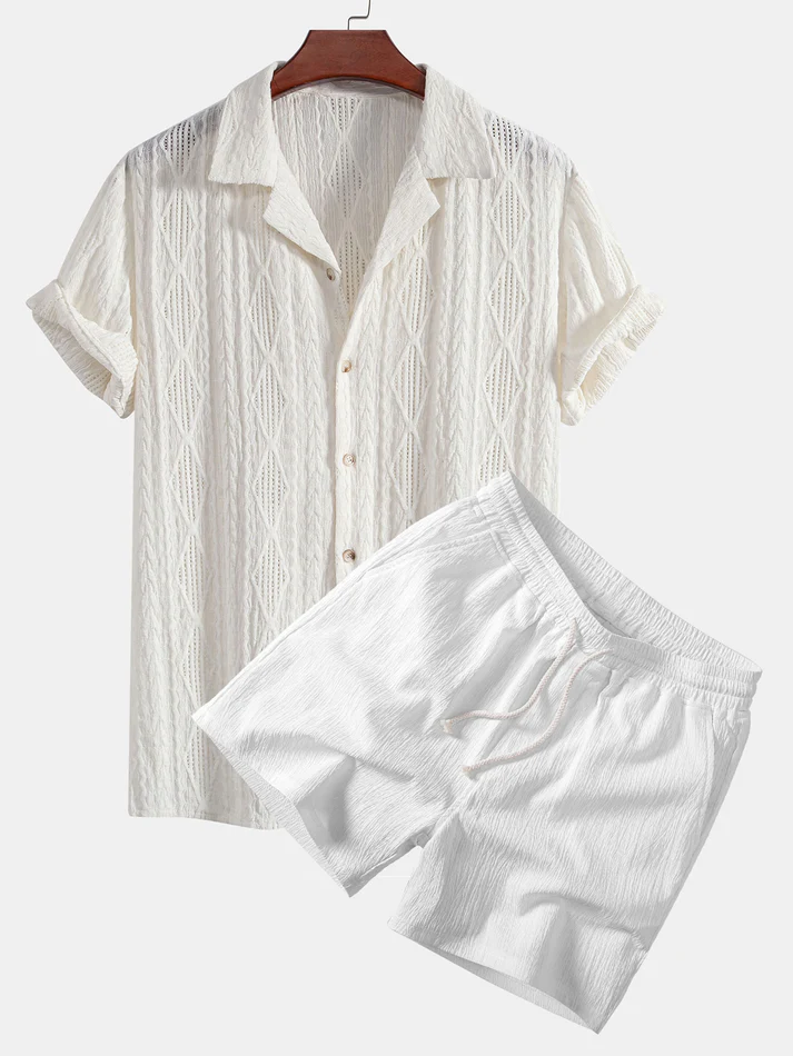 White Textured Knit Button-Down Shirt and Shorts Co-ord Set