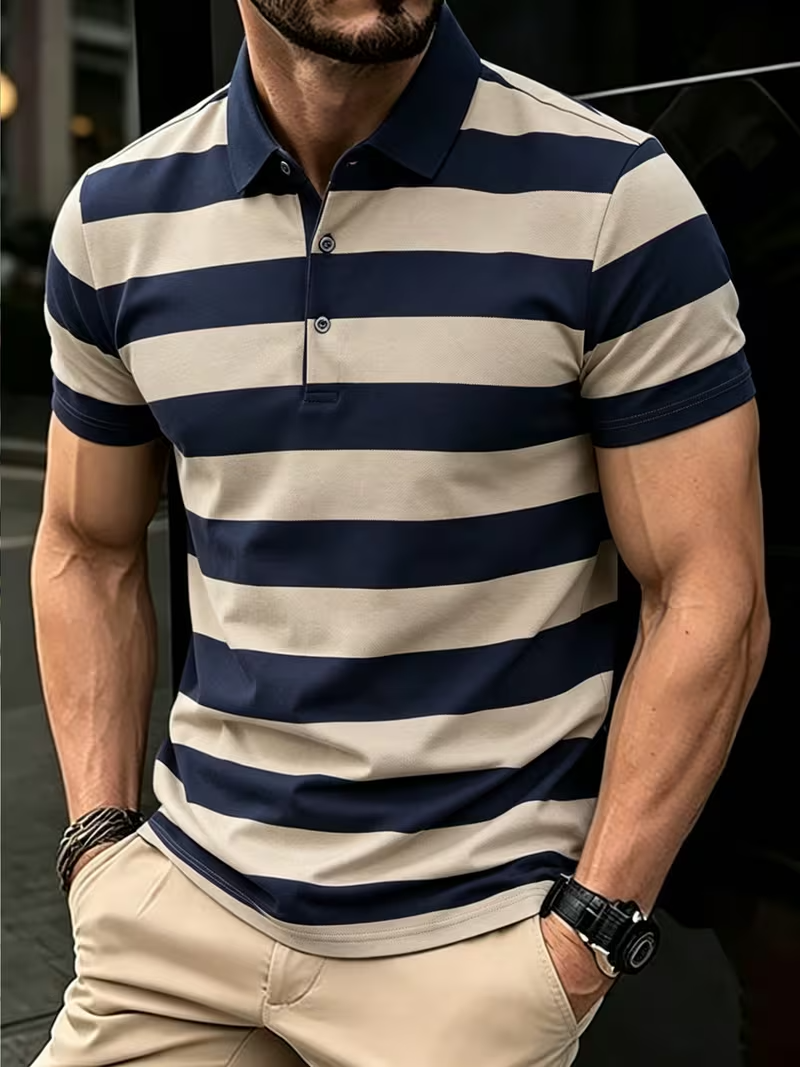 Navy Blue & Beige Horizontal Striped Polo Shirt