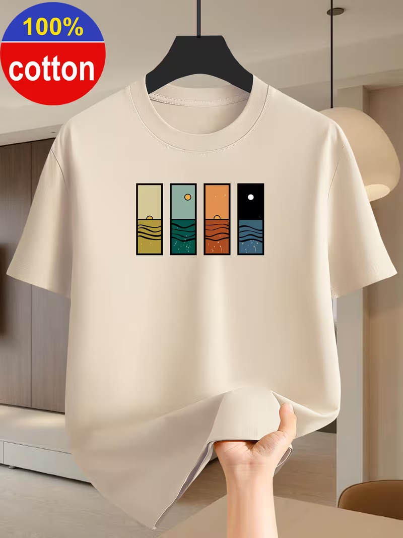 Cotton Minimalist Landscape Graphic T-Shirt - Beige