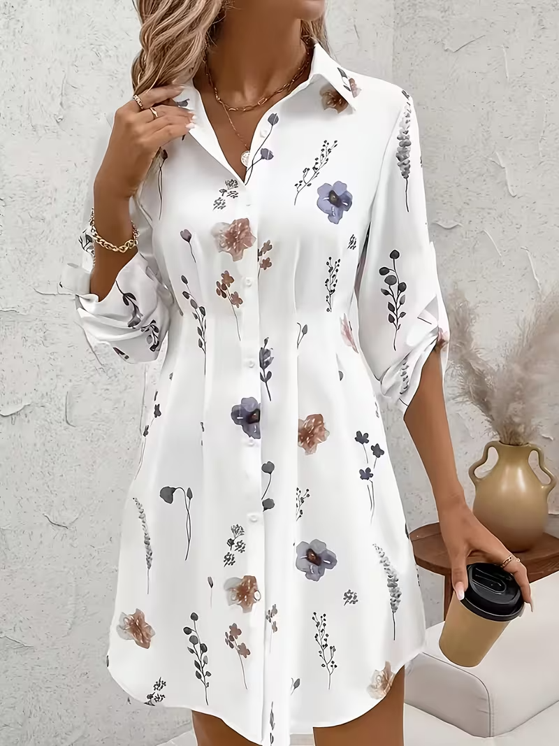 White Floral Printed Button-Down Shirt Dress with Roll-Tab Sleeves