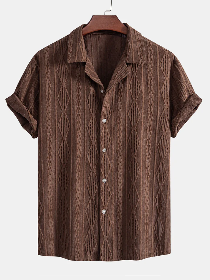 Brown Cable Knit Textured Short Sleeve Button-Down Shirt